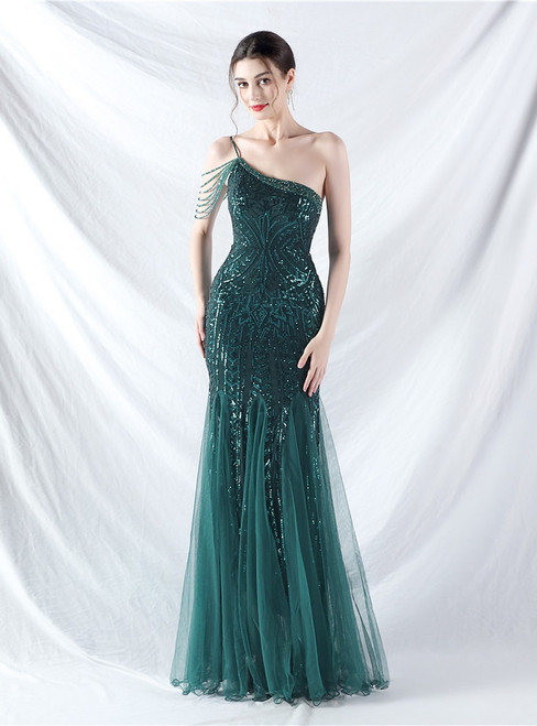 In Stock:Ship in 48 Hours Popular Green One Shoulder Sequins Beading Party Dress