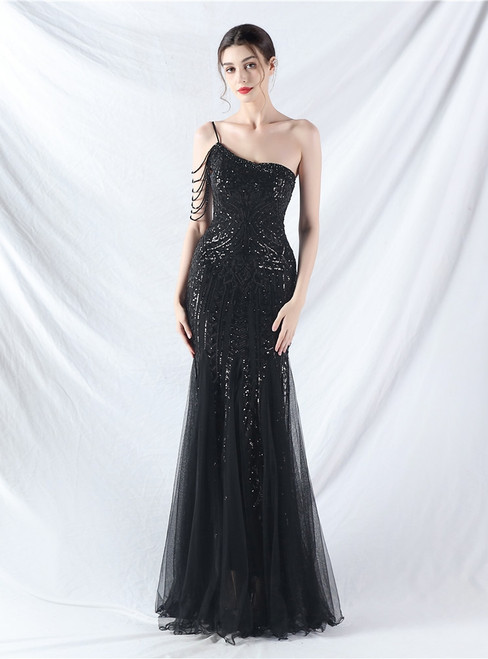 In Stock:Ship in 48 Hours New Black One Shoulder Sequins Beading Party Dress
