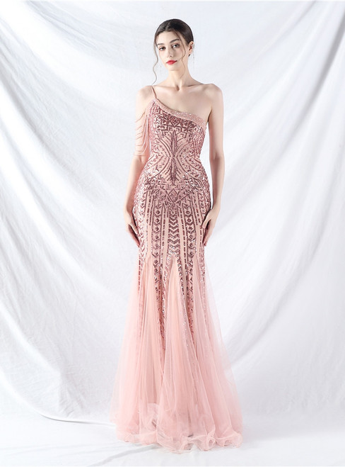 In Stock:Ship in 48 Hours Pink One Shoulder Sequins Beading Party Dress