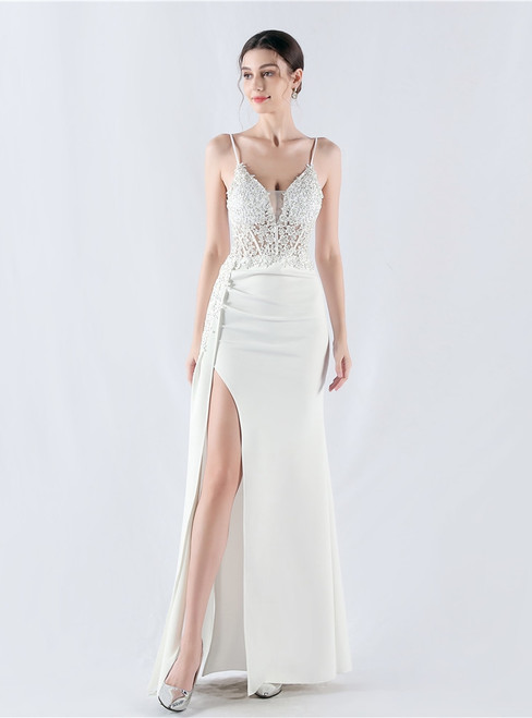 In Stock:Ship in 48 Hours White Spaghetti Straps Split Lace Party Dress