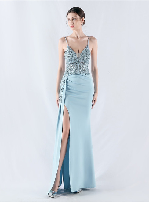 In Stock:Ship in 48 Hours Sky Blue Spaghetti Straps Split Lace Party Dress
