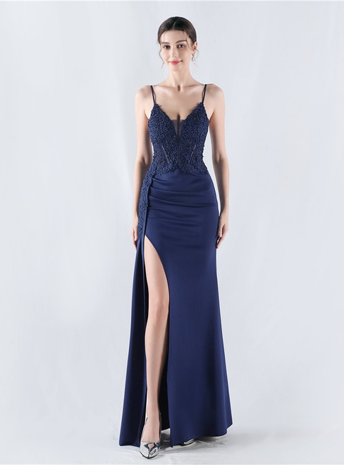 In Stock:Ship in 48 Hours Navy Blue Spaghetti Straps Split Lace Party Dress
