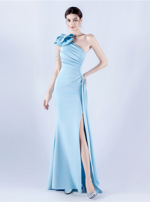 In Stock:Ship in 48 Hours Sky Blue One Shoulder Pleats Beading Party Dress