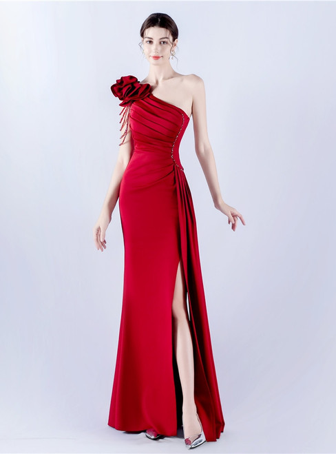 In Stock:Ship in 48 Hours Burgundy One Shoulder Pleats Beading Party Dress