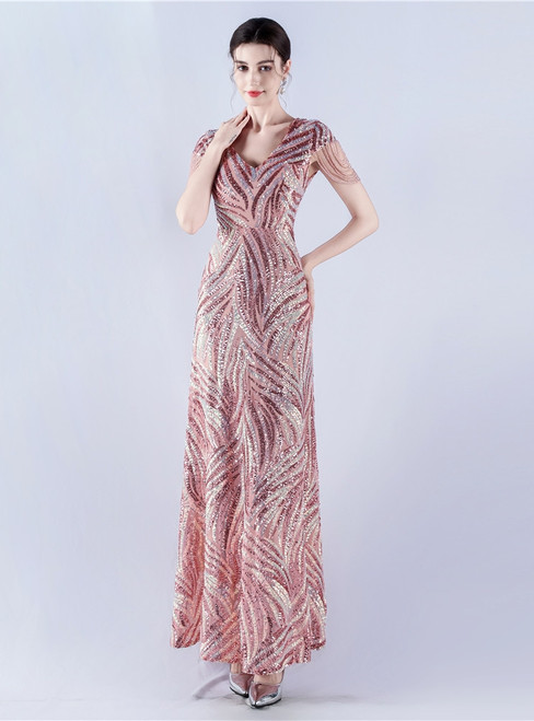 In Stock:Ship in 48 Hours Pink Sequins V-neck Beading Party Dress