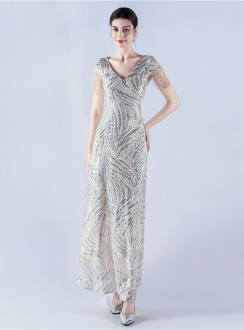 In Stock:Ship in 48 Hours Modern Silver Sequins V-neck Beading Party Dress
