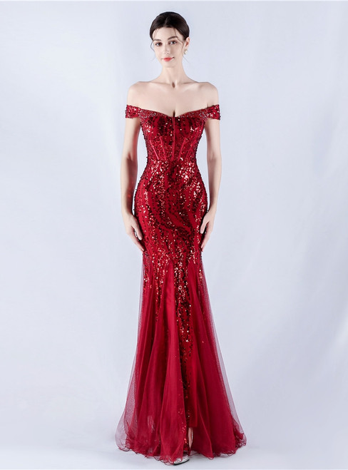 In Stock:Ship in 48 Hours Casual Burgundy Sequins Beading Party Dress