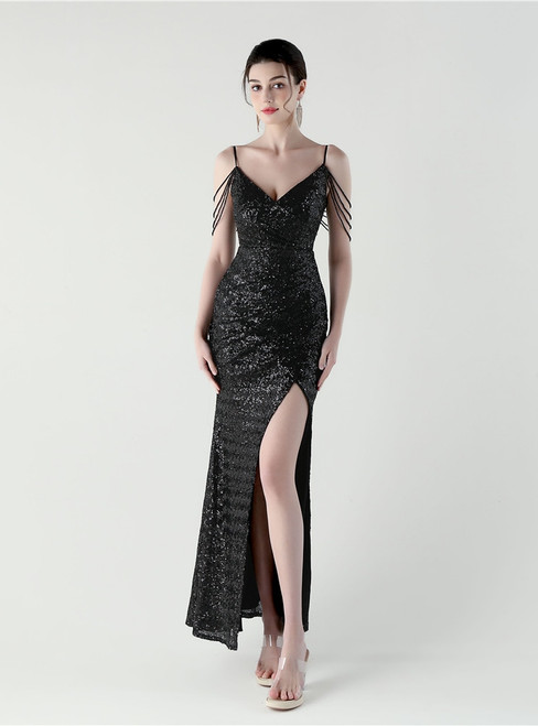 In Stock:Ship in 48 Hours Beautiful Black Sequins Beading Party Dress