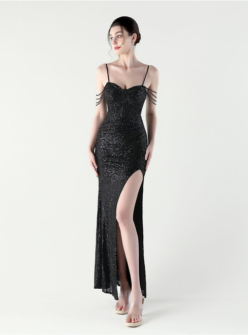 In Stock:Ship in 48 Hours Causal Black Sequins Straps Split Party Dress