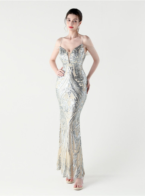 In Stock:Ship in 48 Hours Cheap Silver Sequins Straps Beading Party Dress