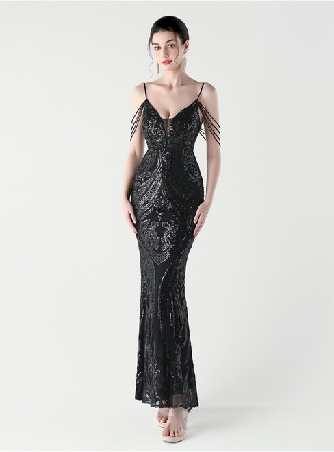 In Stock:Ship in 48 Hours Elegance Black Sequins Straps Beading Party Dress