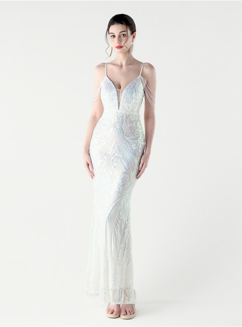 In Stock:Ship in 48 Hours Noble White Sequins Straps Beading Party Dress