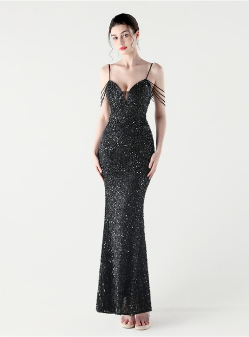 In Stock:Ship in 48 Hours Simple Black Sequins Straps Party Dress