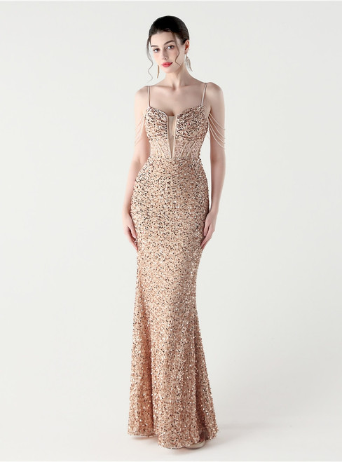 In Stock:Ship in 48 Hours Pretty Gold Sequins Beading Party Dress