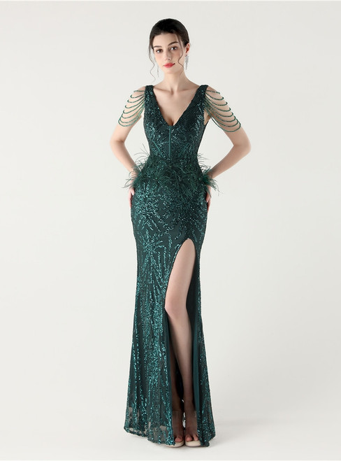In Stock:Ship in 48 Hours Dark Green Feather Sequins V-neck Party Dress 