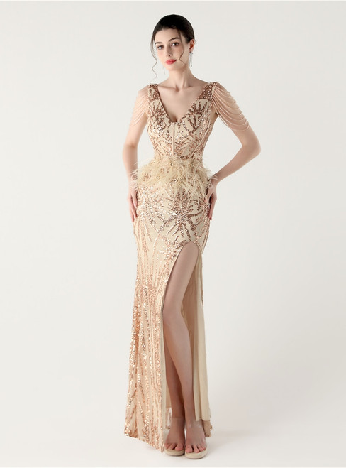 In Stock:Ship in 48 Hours Gold Feather Sequins V-neck Party Dress 
