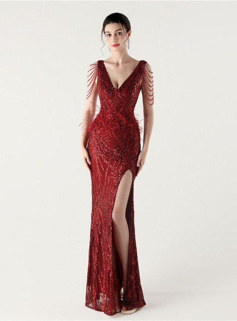 In Stock:Ship in 48 Hours Burgundy Feather Sequins V-neck Party Dress 