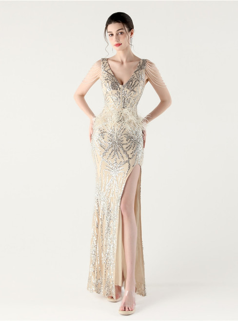 In Stock:Ship in 48 Hours Apricot Silver Feather Sequins V-neck Party Dress 