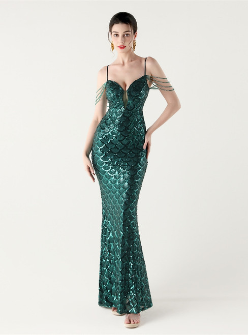 In Stock:Ship in 48 Hours Modern Green Sequins Straps Beading Party Dress
