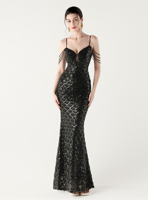 In Stock:Ship in 48 Hours Cheap Black Sequins Straps Beading Party Dress
