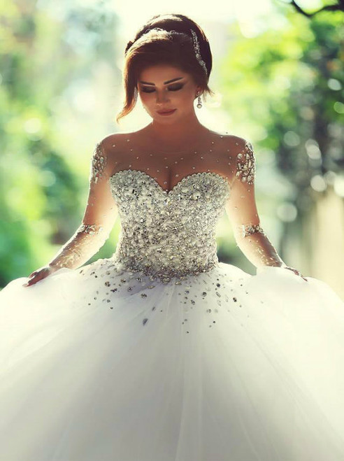 Wedding Dress 2017 Luxury Crystals Sheer Long Sleeves