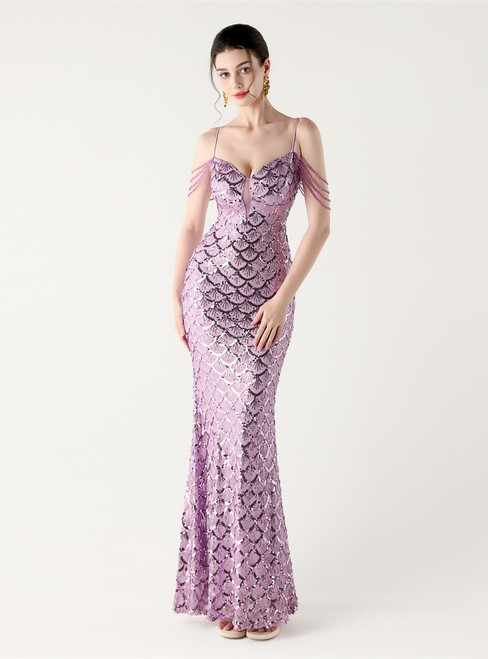 In Stock:Ship in 48 Hours Lavender Sequins Straps Beading Party Dress