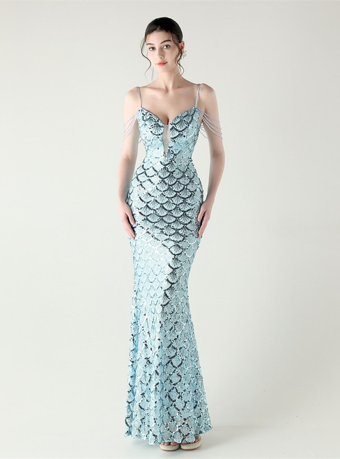 In Stock:Ship in 48 Hours Sky Blue Sequins Straps Beading Party Dress