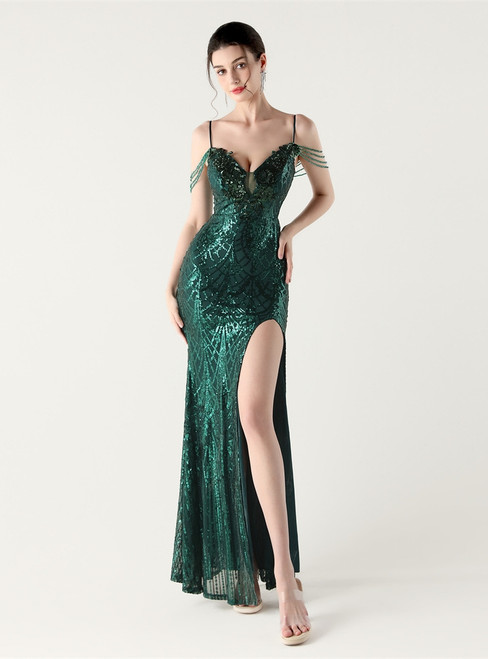 In Stock:Ship in 48 Hours Fantastic Green Sequins Straps Beading Party Dress
