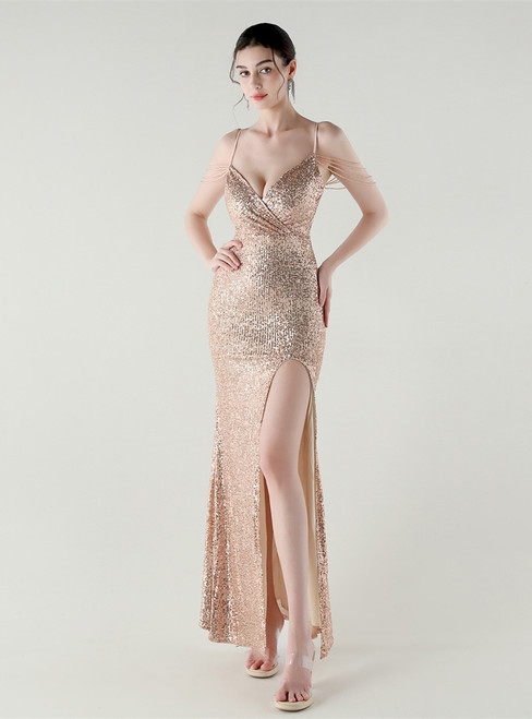 In Stock:Ship in 48 Hours Hot Sale Gold Sequins Beading Party Dress