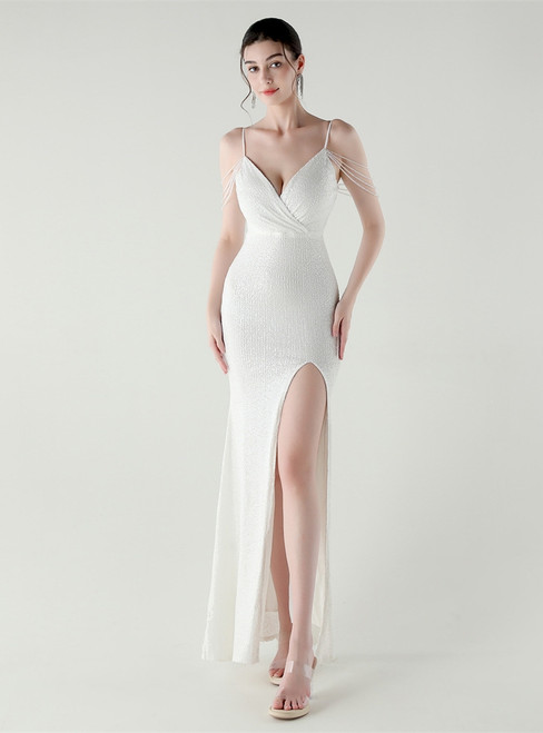 In Stock:Ship in 48 Hours Modest White Sequins Beading Party Dress
