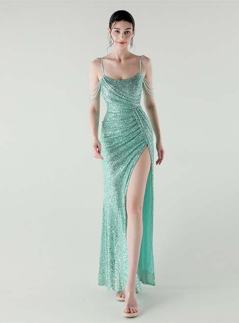 In Stock:Ship in 48 Hours Mint Green Sequins Pleats Straps Party Dress