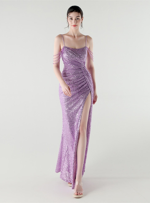 In Stock:Ship in 48 Hours Purple Sequins Pleats Party Dress