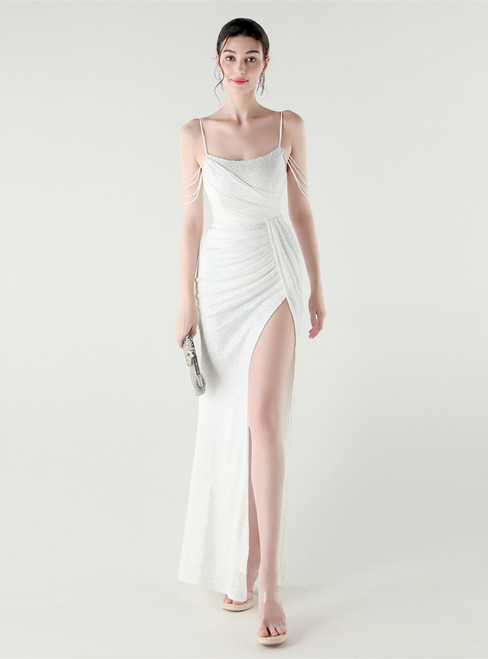 In Stock:Ship in 48 Hours White Sequins Pleats Party Dress