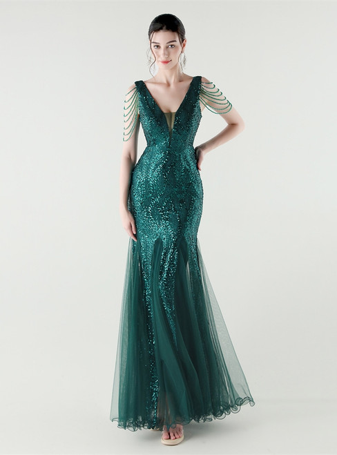 In Stock:Ship in 48 Hours Hot Sale Green Sequins Pleats Party Dress