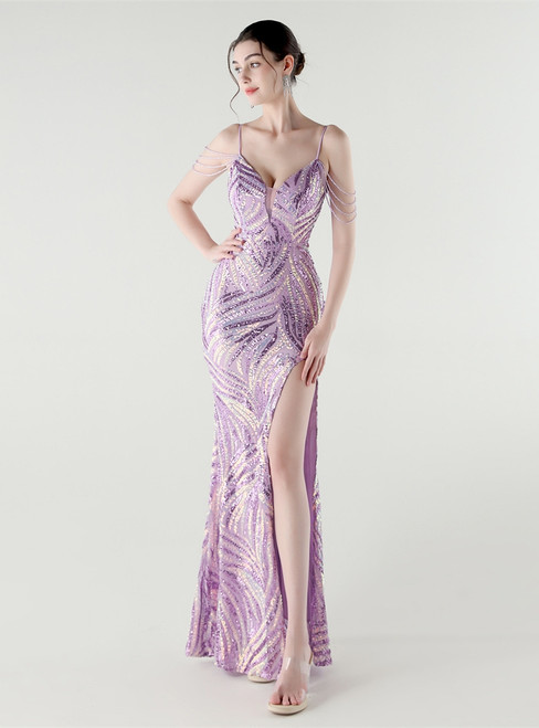 In Stock:Ship in 48 Hours Simple Purple Sequins Straps Beading Party Dress
