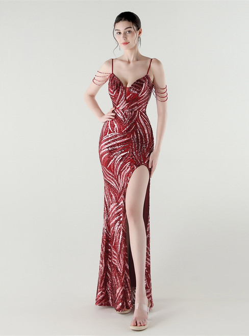 In Stock:Ship in 48 Hours Stylish Burgundy Sequins Straps Beading Party Dress