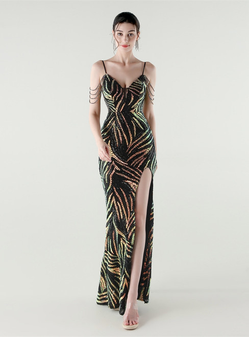 In Stock:Ship in 48 Hours Fashion Black Sequins Straps Beading Party Dress