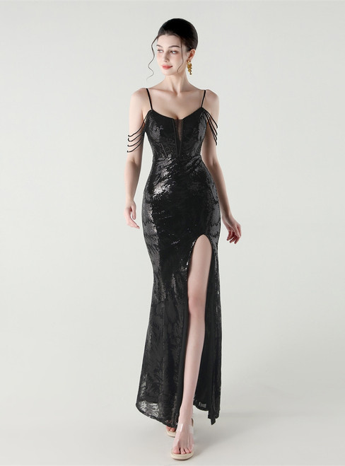 In Stock:Ship in 48 Hours New arrivals Black Sequins Straps Beading Party Dress