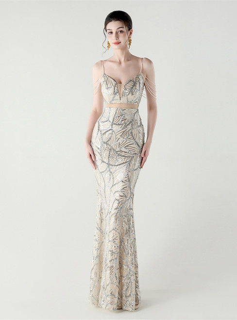 In Stock:Ship in 48 Hours Cheap Apricot Silver Sequins Beading Straps Party Dress