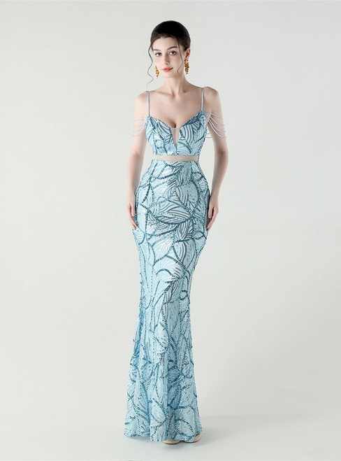 In Stock:Ship in 48 Hours Sky Blue Sequins Beading Straps Party Dress
