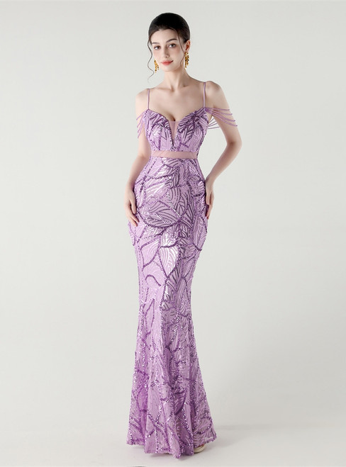 In Stock:Ship in 48 Hours Purple Sequins Beading Straps Party Dress