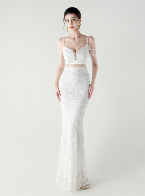 In Stock:Ship in 48 Hours Casual White Sequins Beading Straps Party Dress