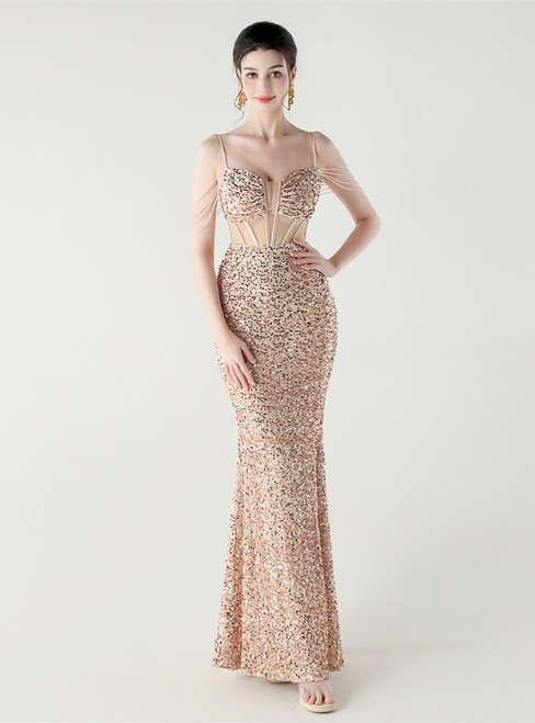 In Stock:Ship in 48 Hours Pretty Gold Sequins Straps Beading Party Dress