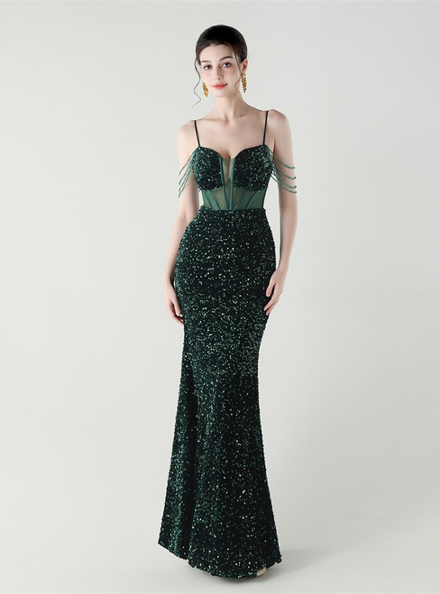 In Stock:Ship in 48 Hours Fashion Dark Green Sequins Straps Beading Party Dress