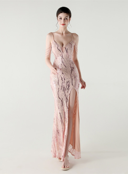 In Stock:Ship in 48 Hours Fancy Pink Sequins Straps Beading Party Dress