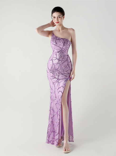 In Stock:Ship in 48 Hours Purple Sequins One Shoulder Split Party Dress