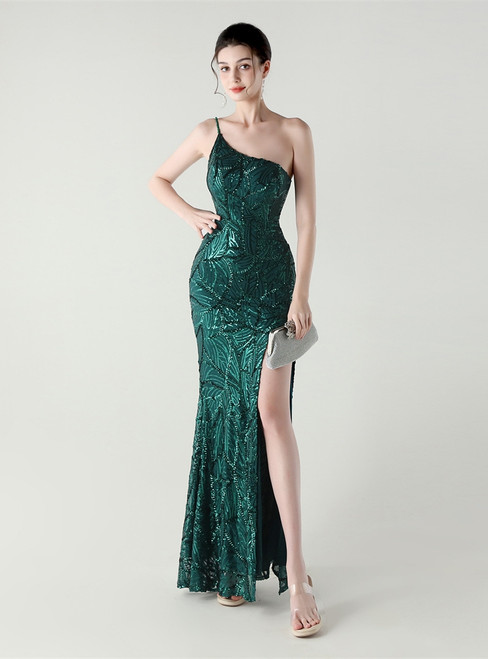  In Stock:Ship in 48 Hours Green Sequins One Shoulder Split Party Dress