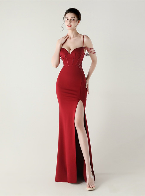 In Stock:Ship in 48 Hours Modest Burgundy Mermaid Beading Split Party Dress