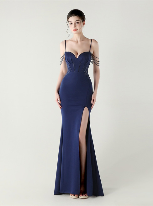 In Stock:Ship in 48 Hours Navy Blue Mermaid Beading Split Party Dress