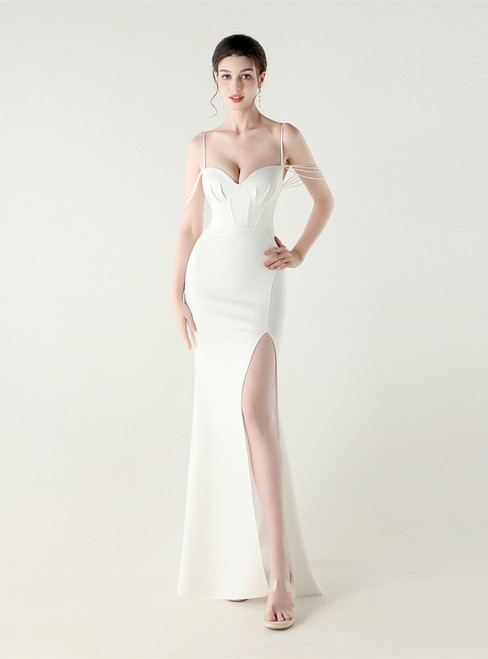 In Stock:Ship in 48 Hours Fashion White Mermaid Beading Split Party Dress